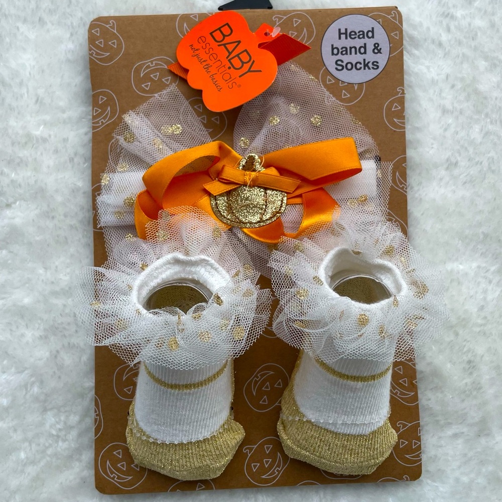 Baby Essentials Head Band & Socks Fall Glitter 0-6 Months NWT